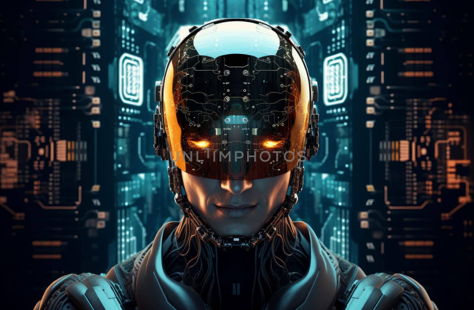 Innovative Man cyber helmet. Play neon game. Generate Ai