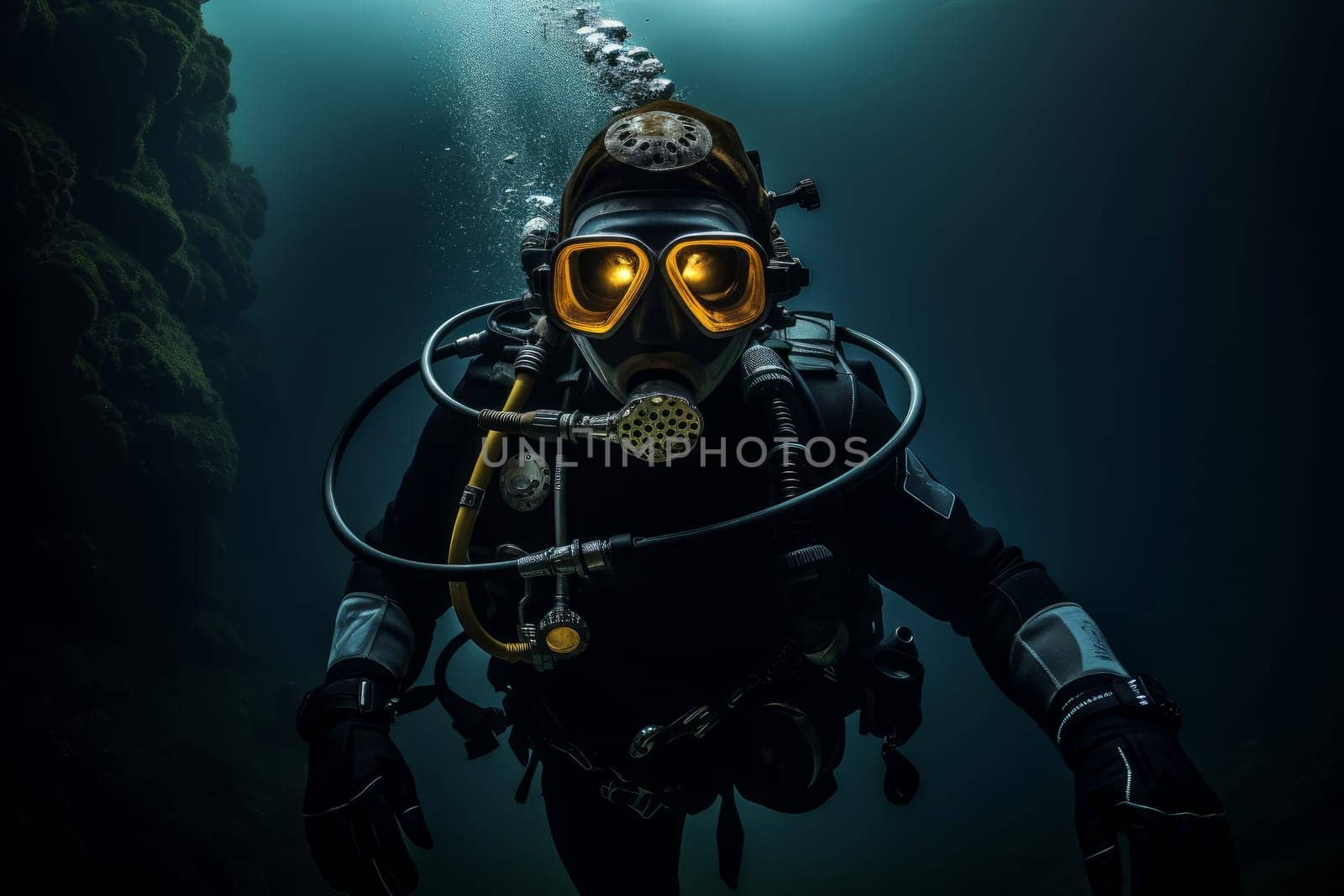 Daring Portrait male scuba diver under the water. Exploring underwater world in diving equipment. Generate ai