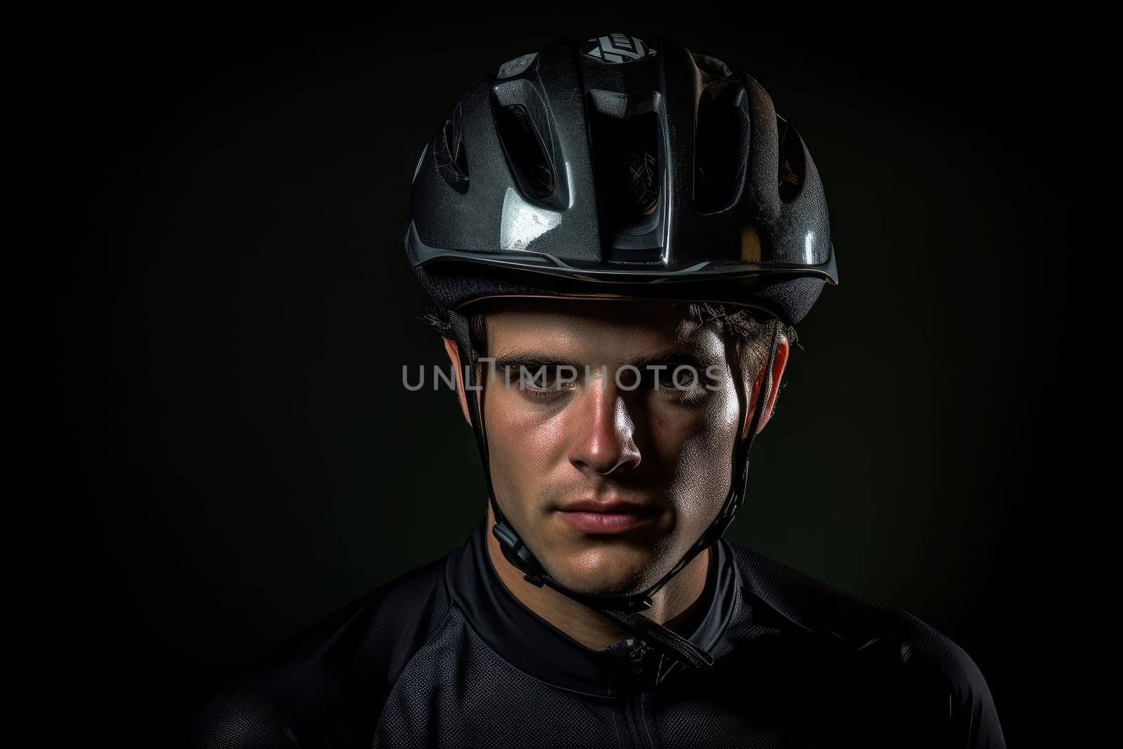 Focused man cycling helmet. Person adult. Generate Ai