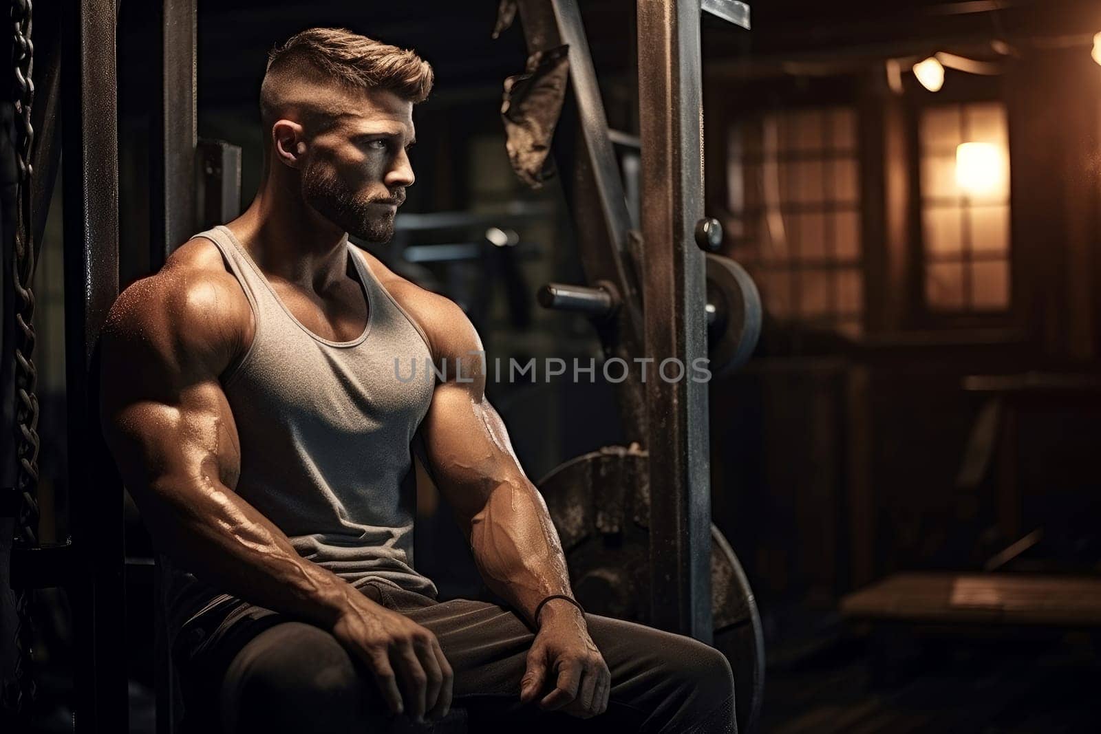 Persevering Man muscle gym. Body adult. Generate Ai