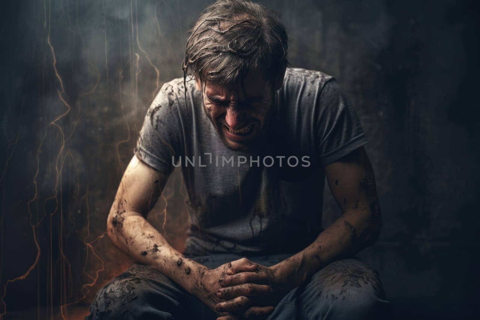 Desolate Man suffering pain. Depressed man. Generate Ai