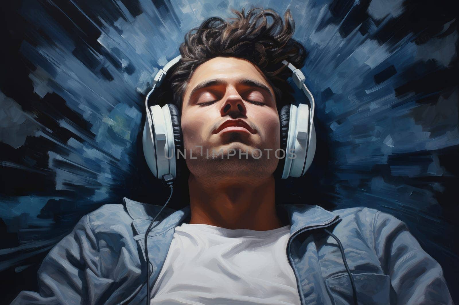Mesmerized Man listening to music. Guy with headphones walking outside. Generate ai