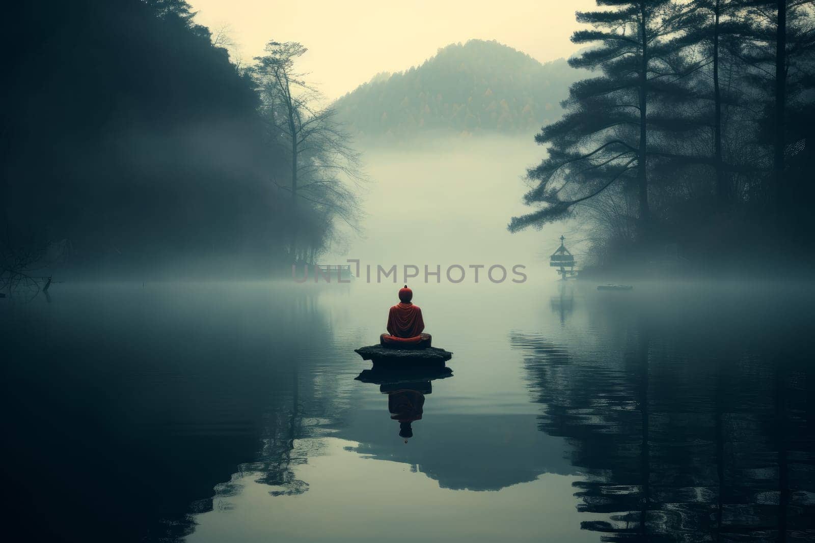 Serene Monk fog lake. Sunrise stone. Generate Ai