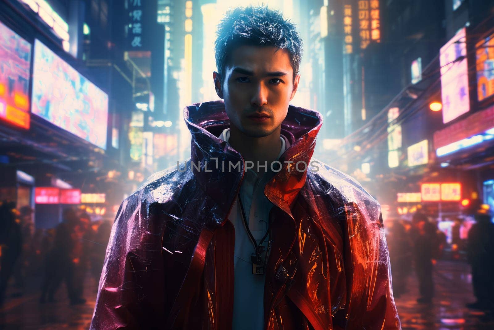 Mysterious Asian man cyberpank. Network modern city. Fictional person. Generate Ai