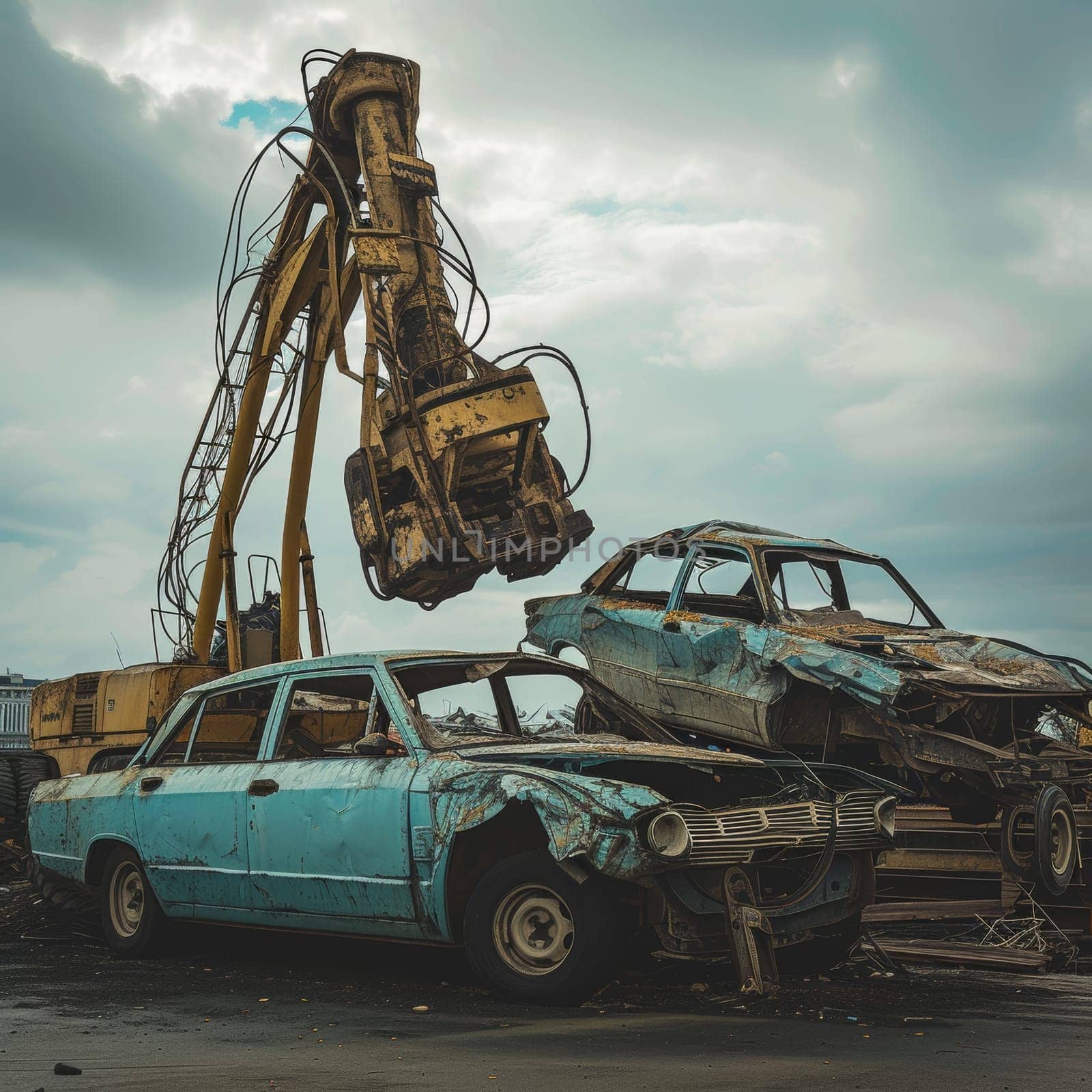 Abandoned cars being lifted by a crane claw in a neglected urban area