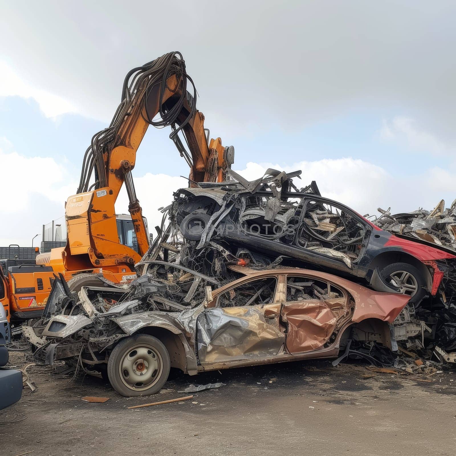 Abandoned cars being lifted by a crane claw in a neglected urban area