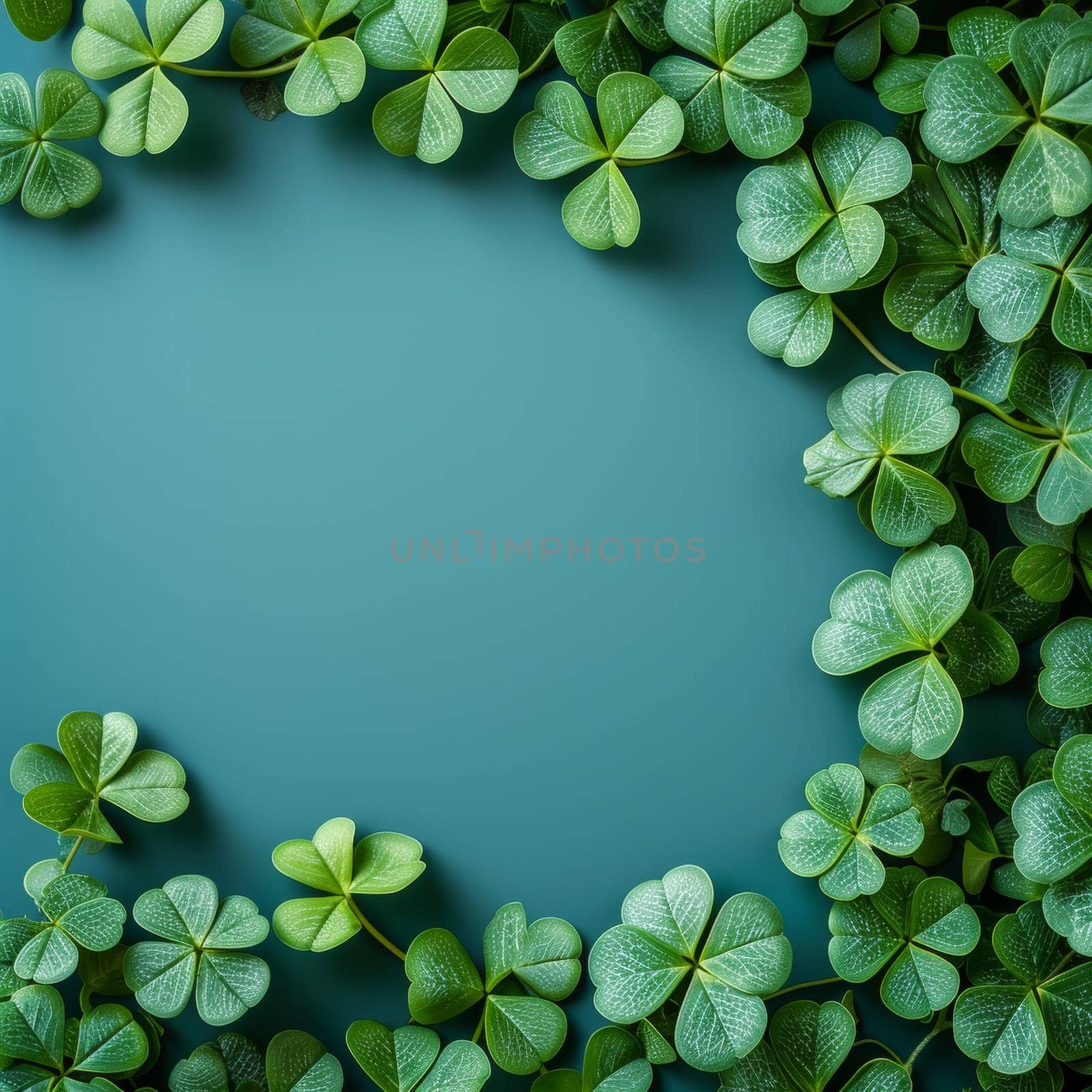 Artistic representation of clover leaves and golden stars on a gradient blue background, suggesting festivity