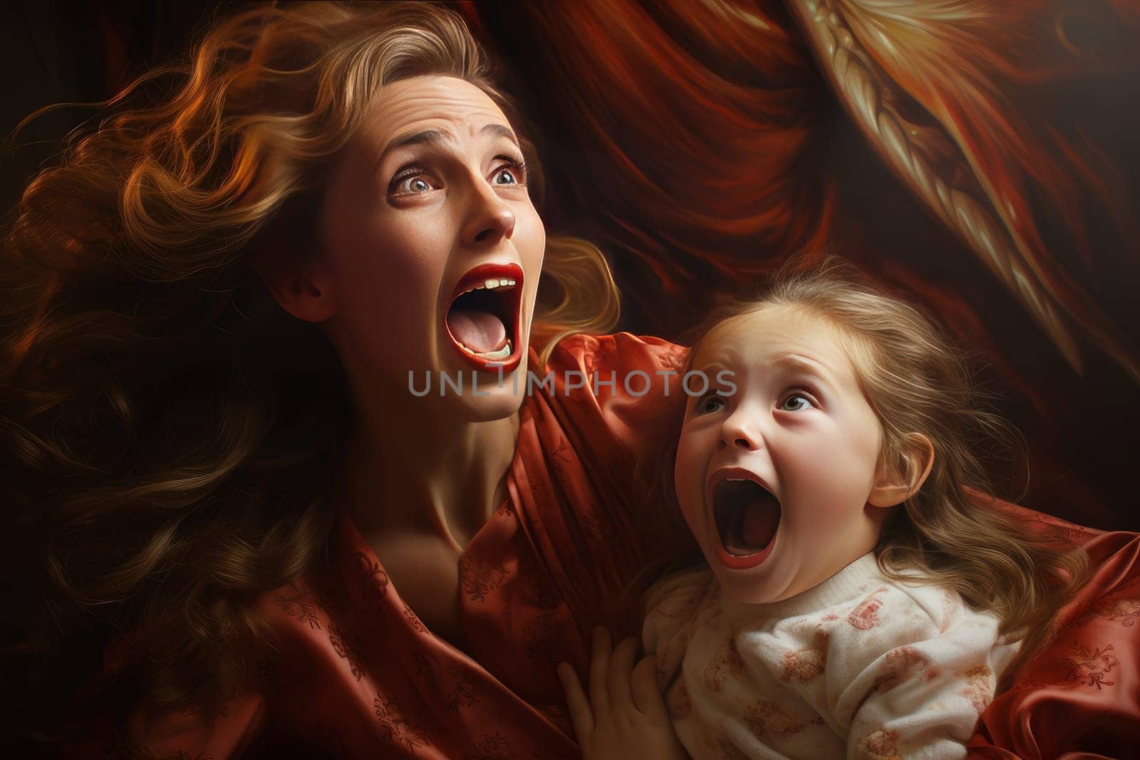 Terrified Mother and daughter screaming in face of fear. Family old conflict, social problem. Generate Ai
