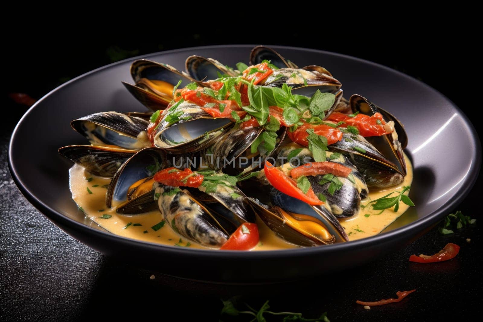 Mussels boiled restaurant. Cuisine dish. Generate AI