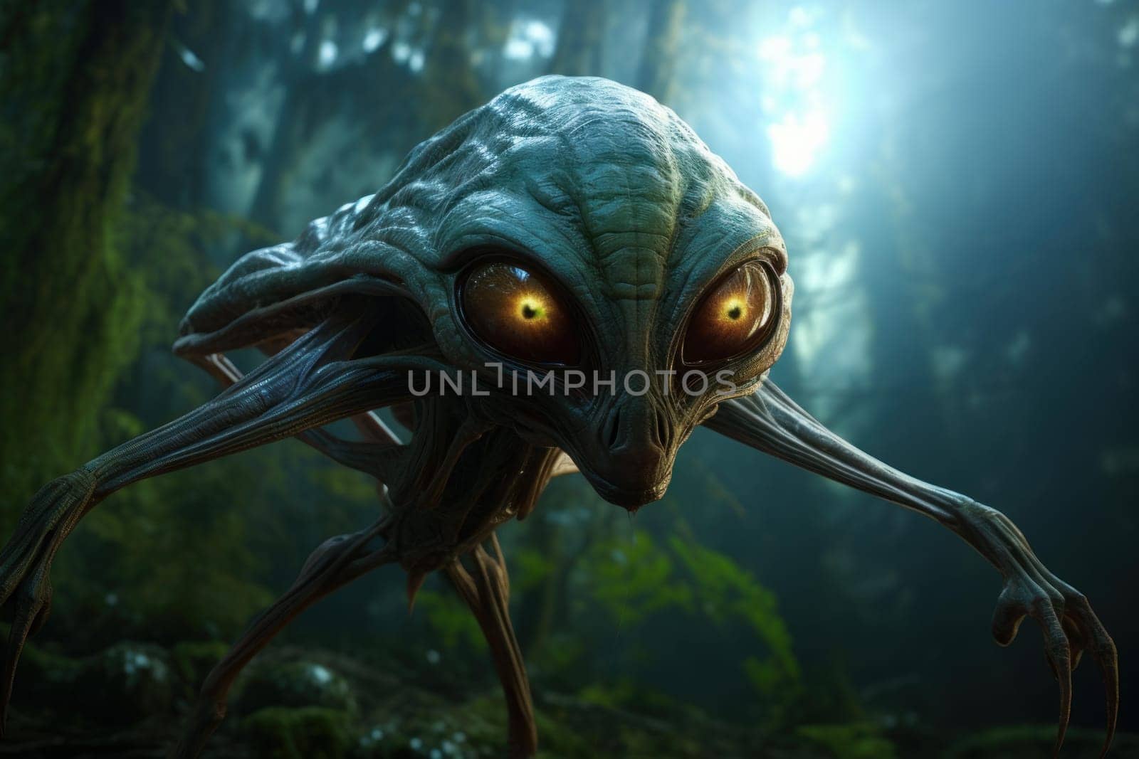 Enigmatic Mysterious aliens creatures. Universe earth device scary creature. Generate Ai