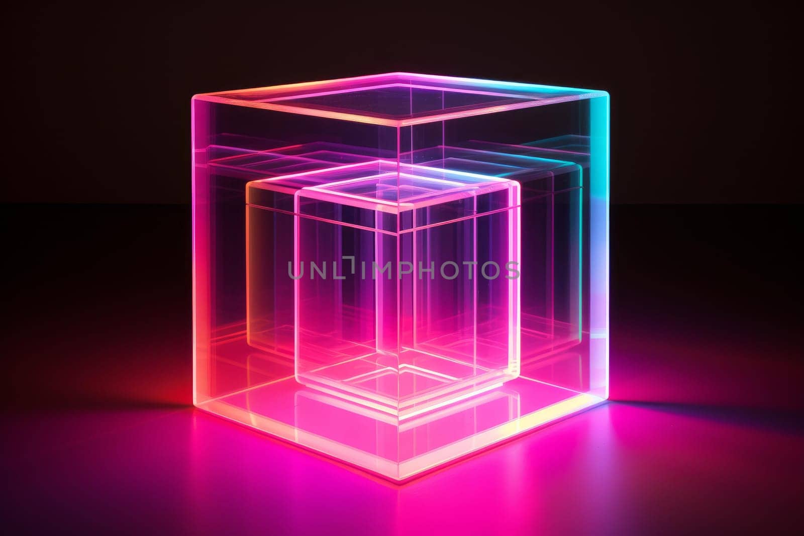 Abstract neon cube. Glow light. Generate Ai