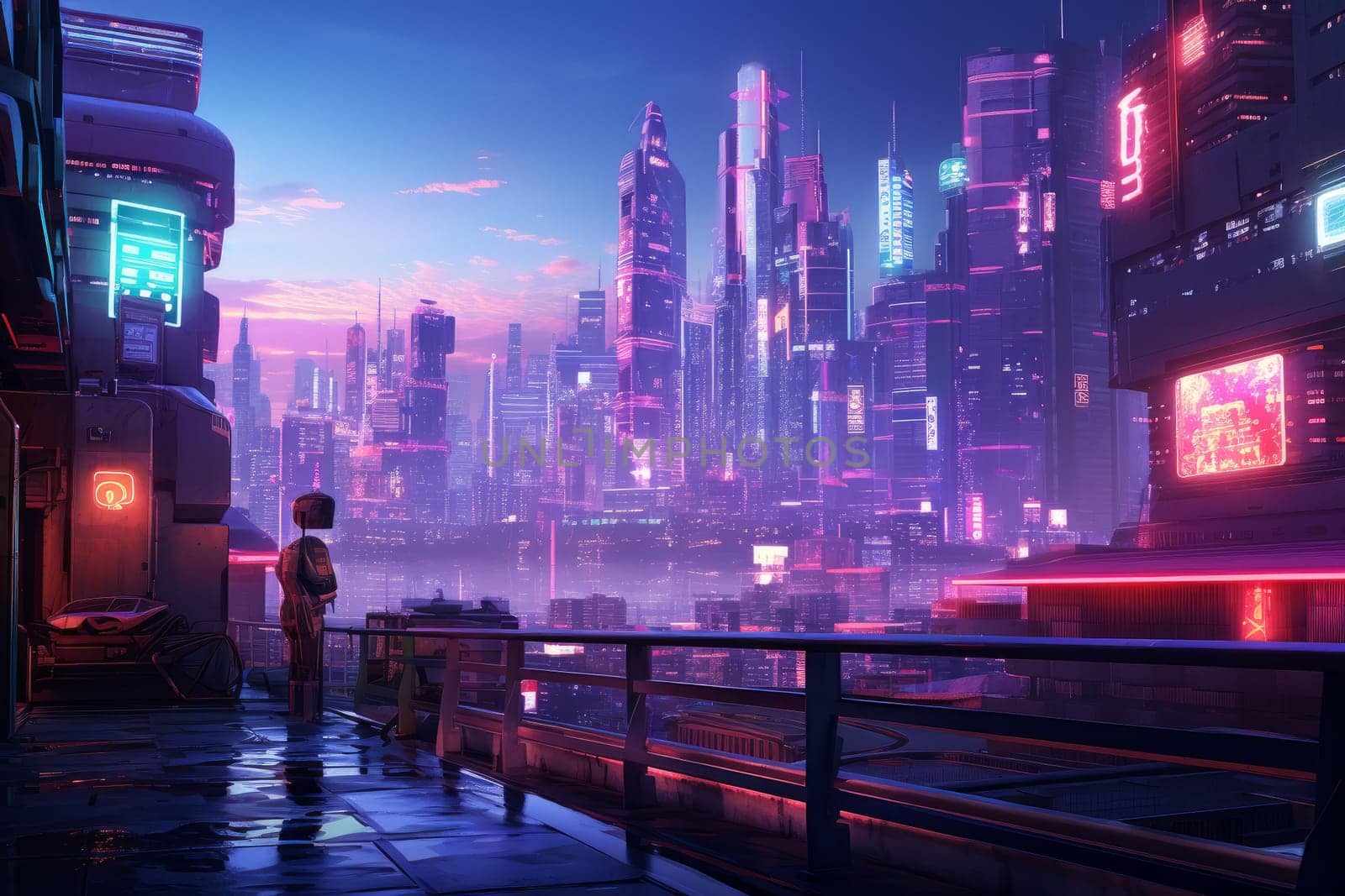 Futuristic Neon city cyberpunk. Urban asian tourist. Generate Ai