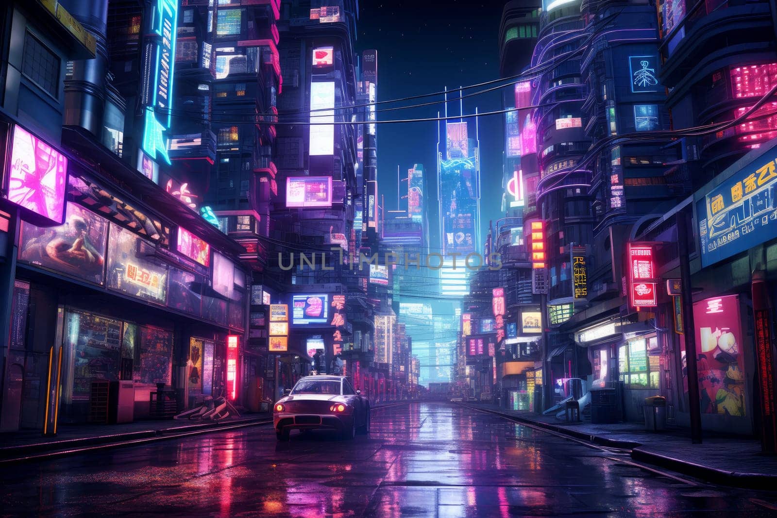Dystopian Neon city cyberpunk. Urban asian tourist. Generate Ai