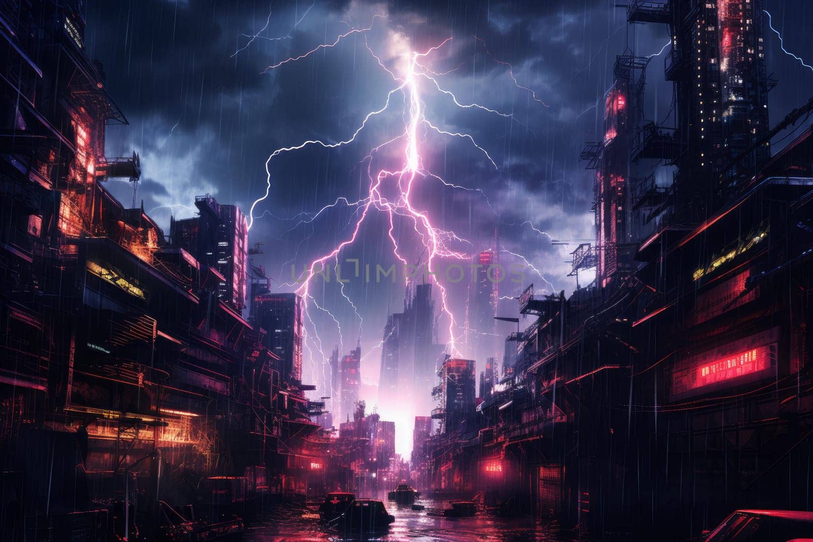 Bustling Neon city thunder. Future night street. Generate Ai