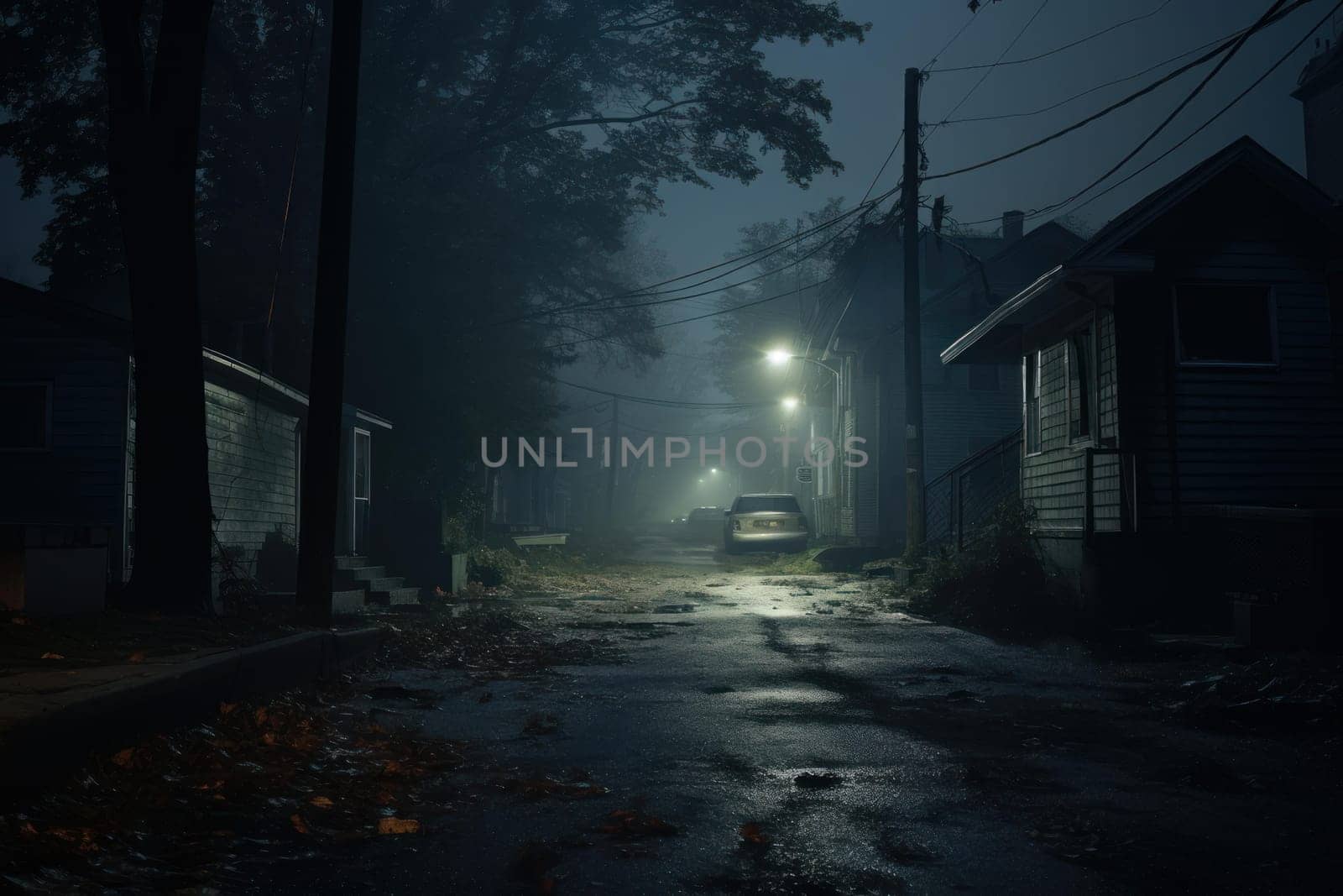Eerie Night dark street. House alone scene. Generate Ai