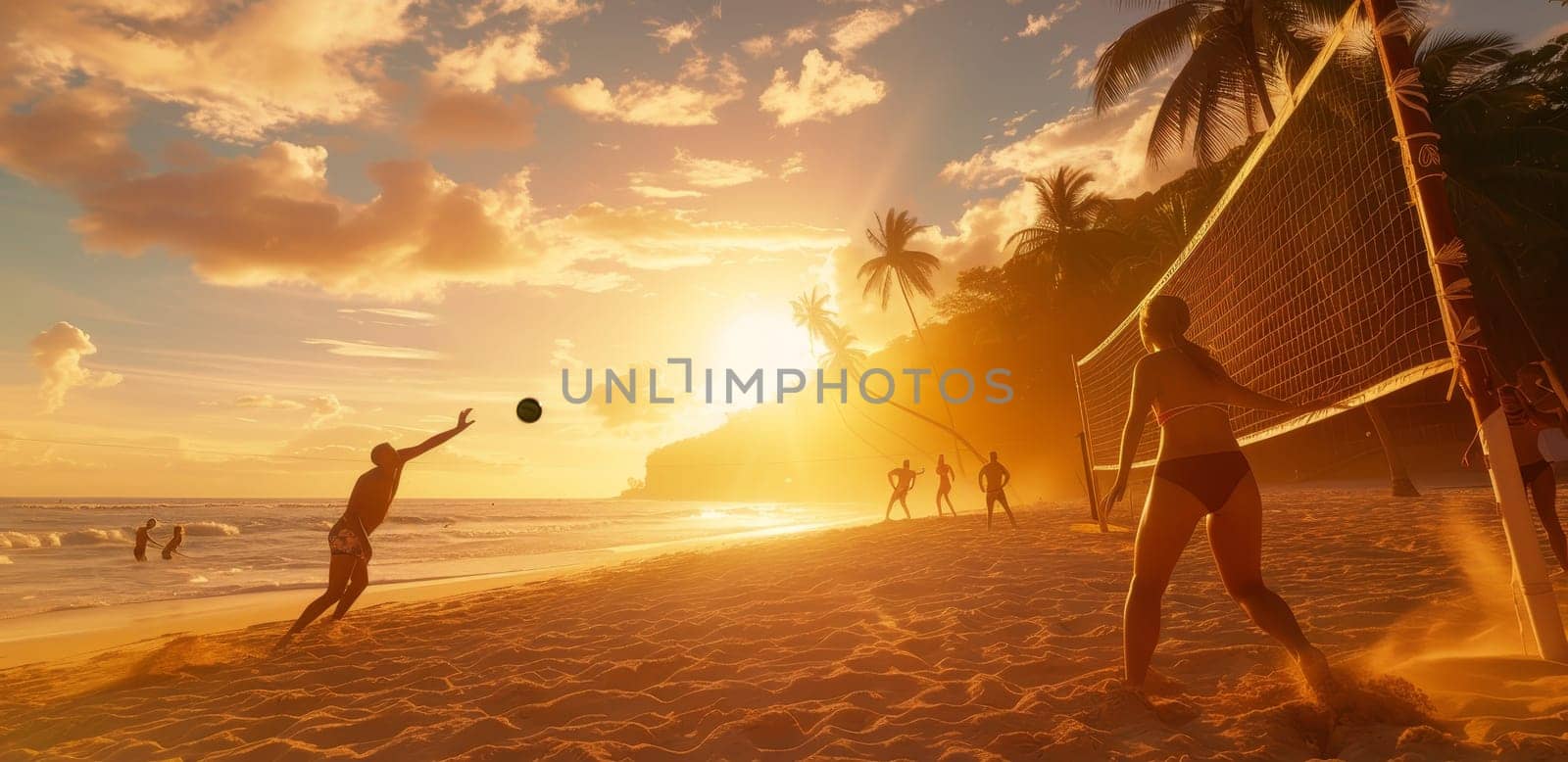 Players engage in a beach volleyball game at sunset with a stunning ocean backdrop