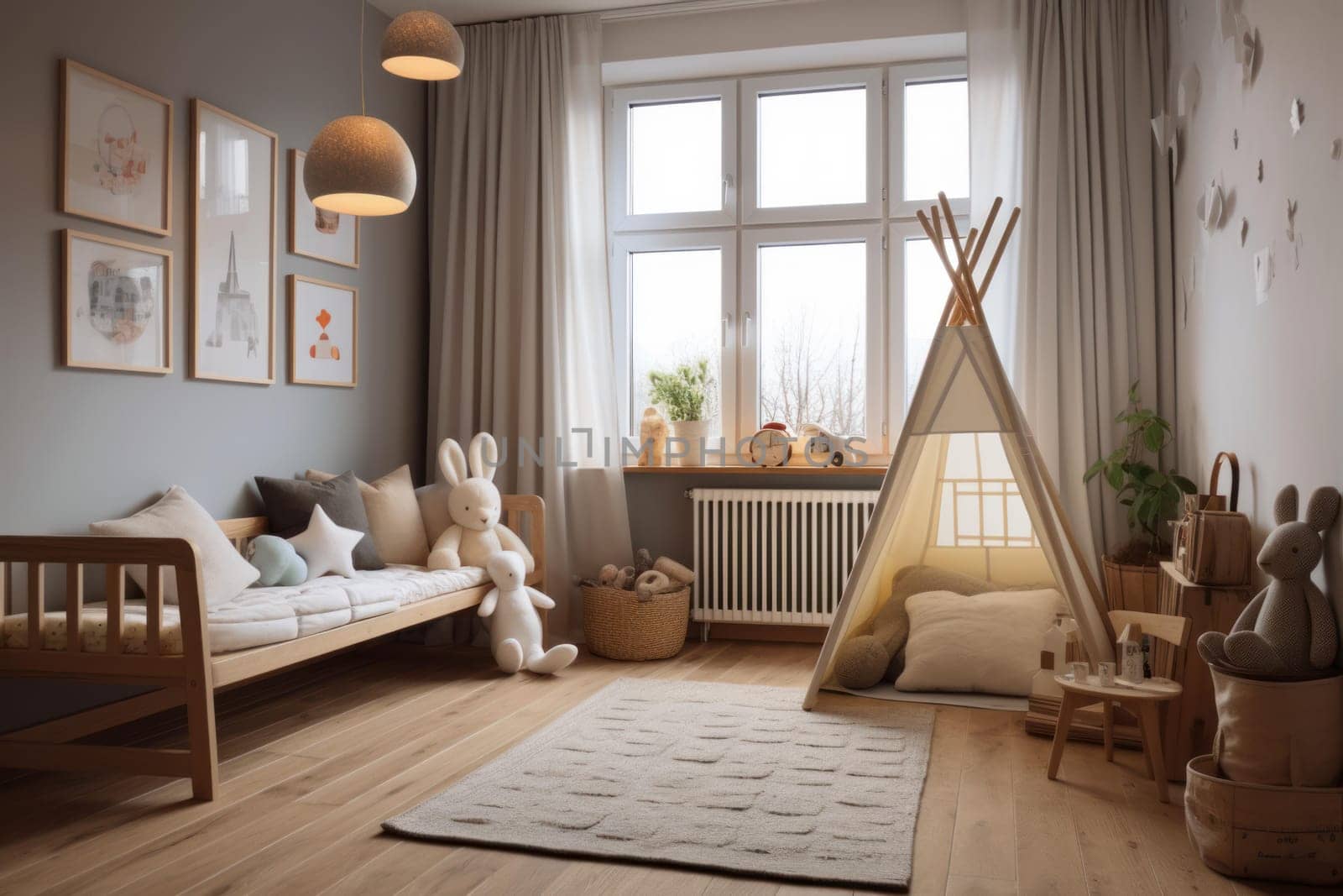 Elegant Nursery room interior scandinavia. Modern indoor. Generate Ai