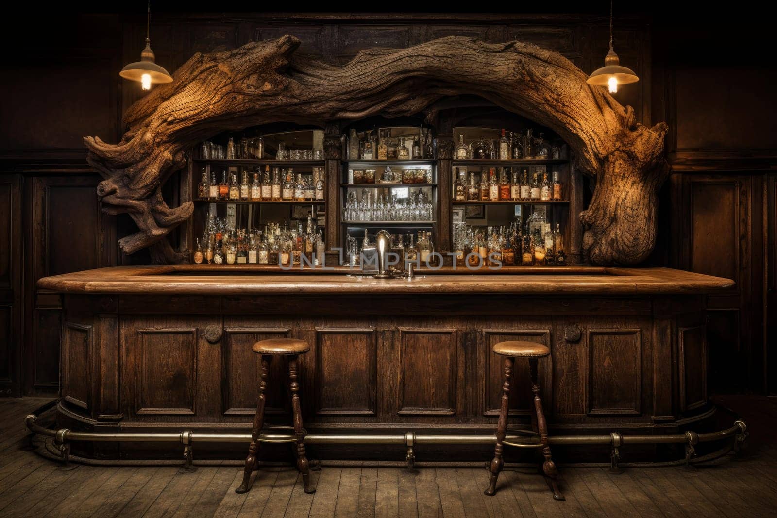 Old wood bar. Wooden counter. Generate Ai