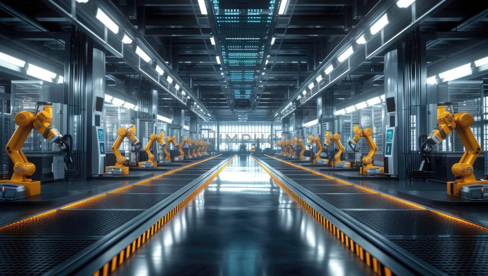 Robotic arms working on assembly line in modern factory