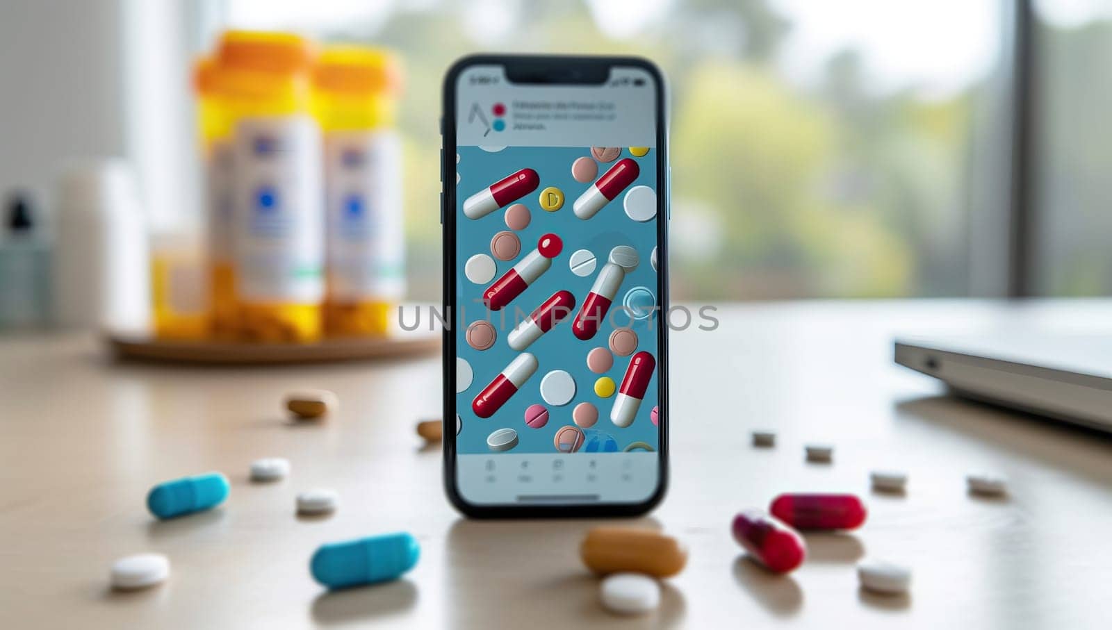 smartphone with medical app on screen and many pills on the table