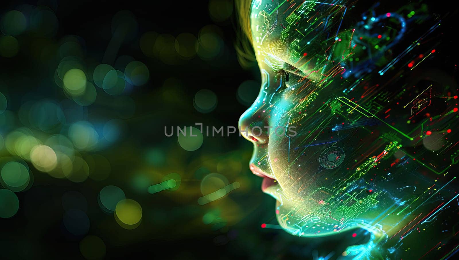 Child Face Illuminated by Colorful Digital Data Streams