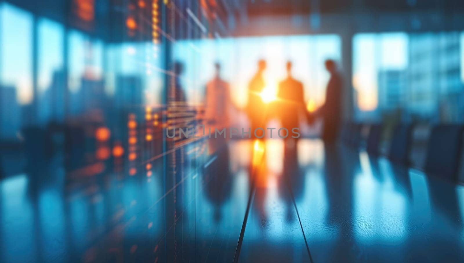 Silhouetted professionals discussing in a modern office at sunset