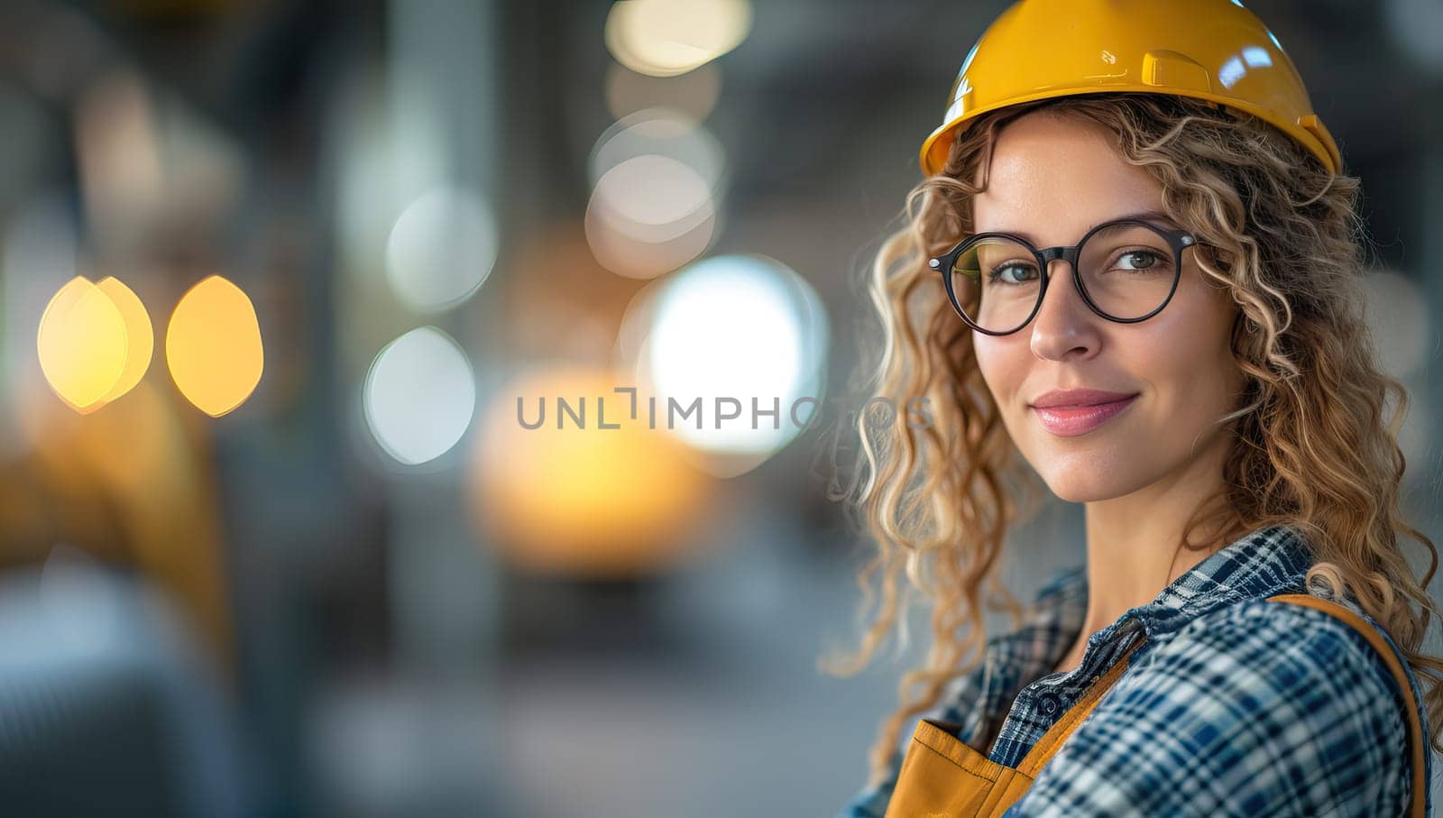 Blonde female construction worker in safety helmet and eyeglasses