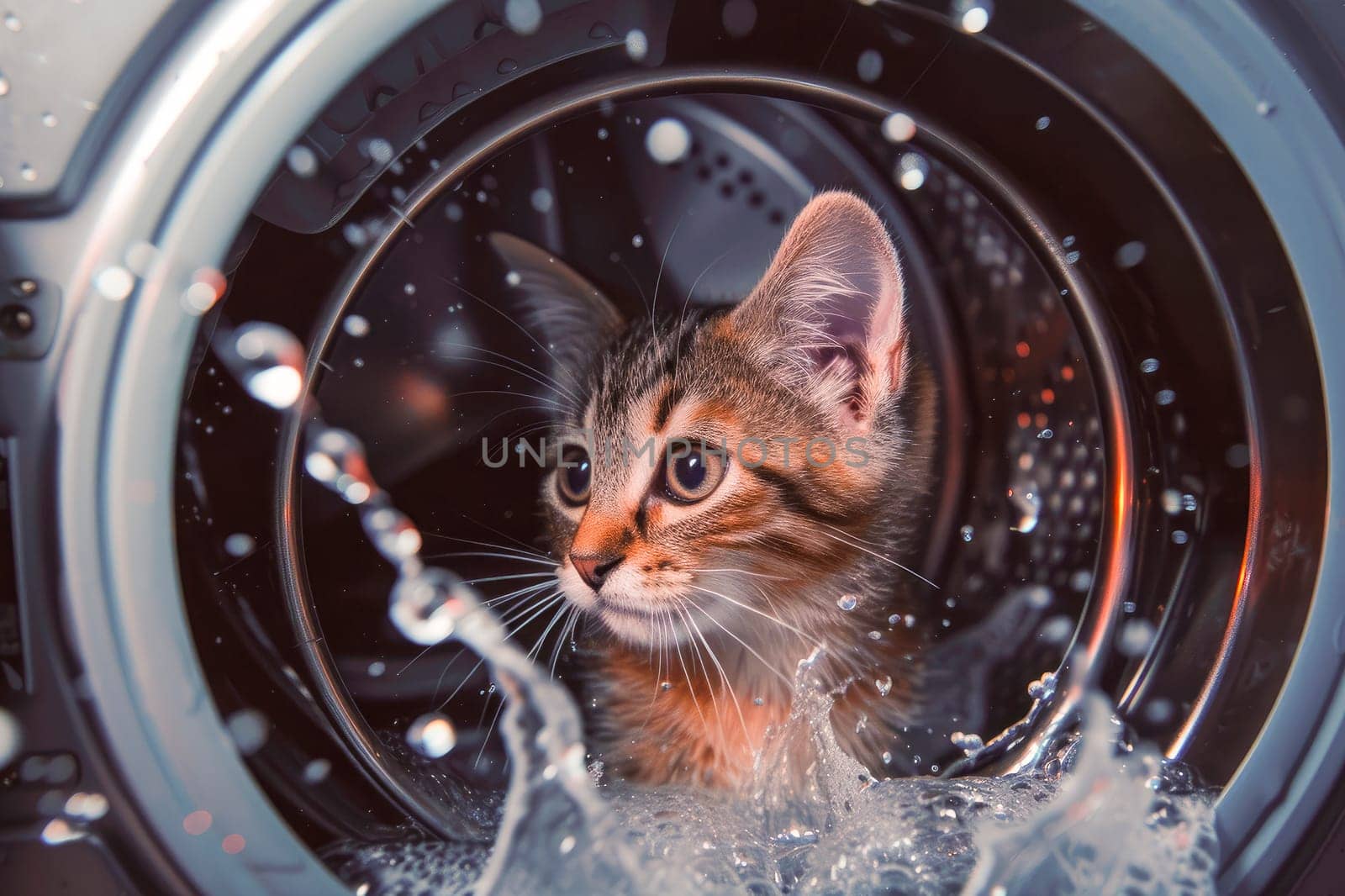 Washing machine drum with water flow,splashes and scared cat inside. Concept for - accidental entrapment of pets in a washing machine. AI generated