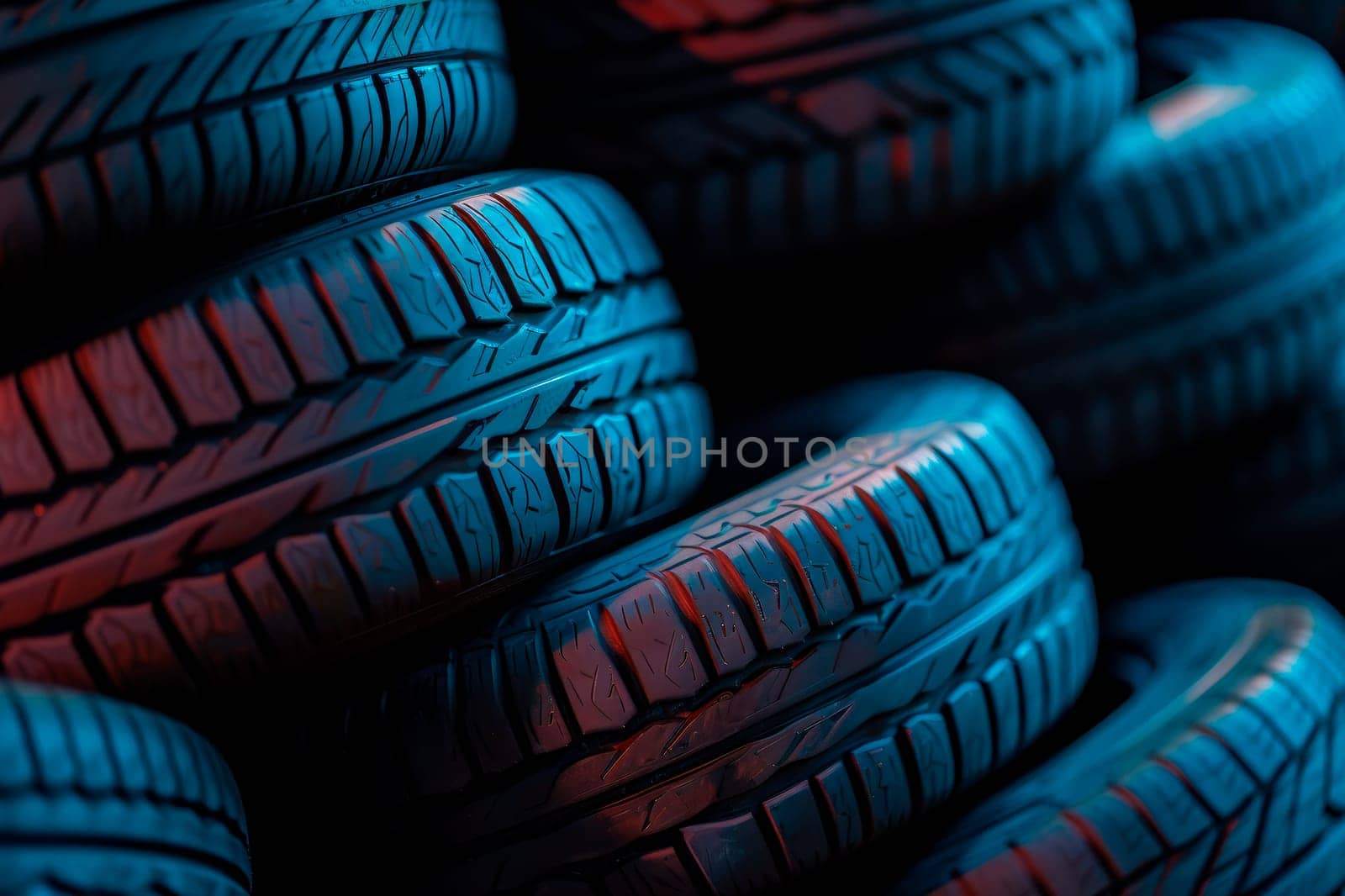 Close-up tires in the auto repair service center. AI generated