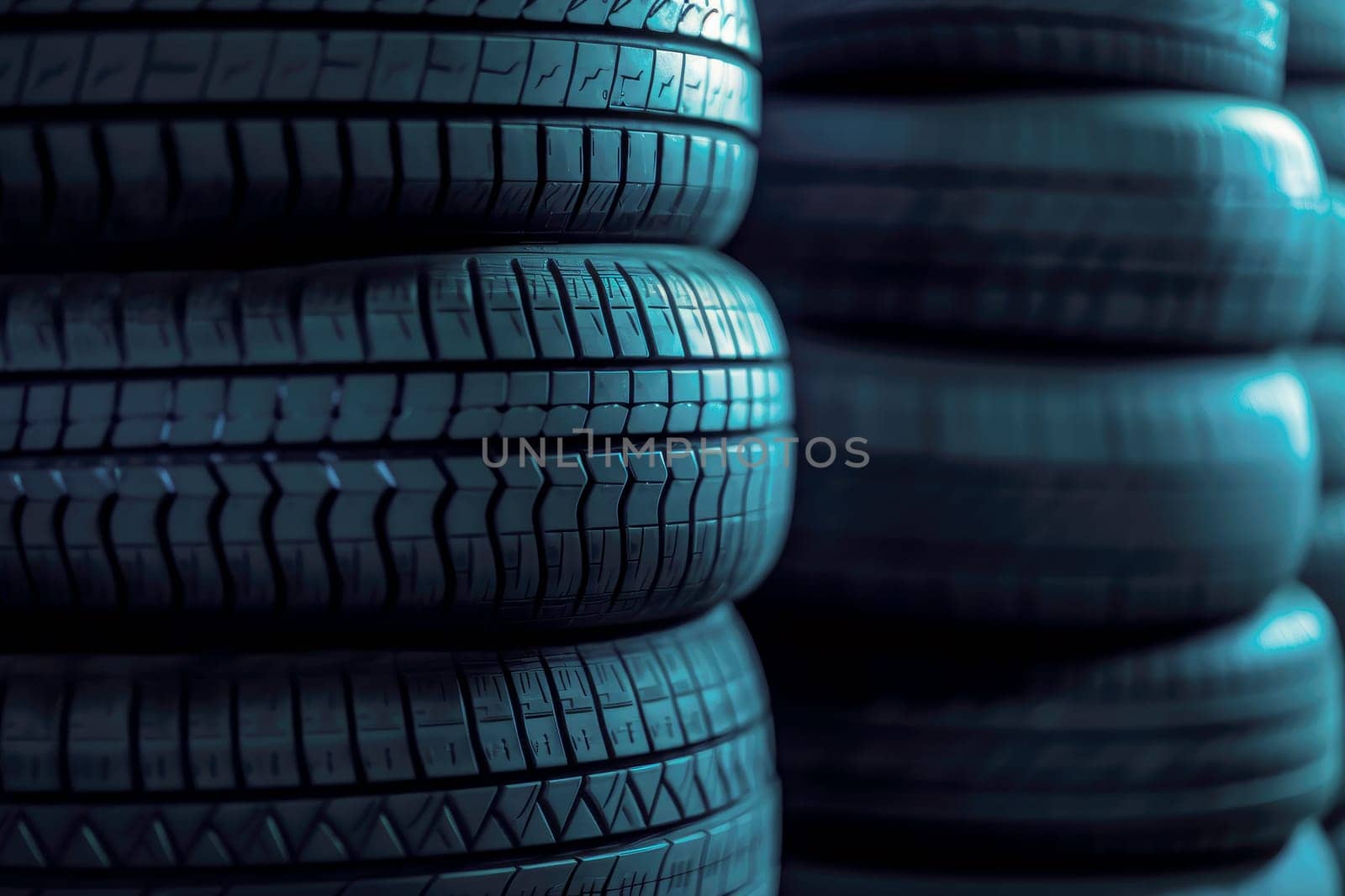 Stack of tires for sale in warehouse. AI generated