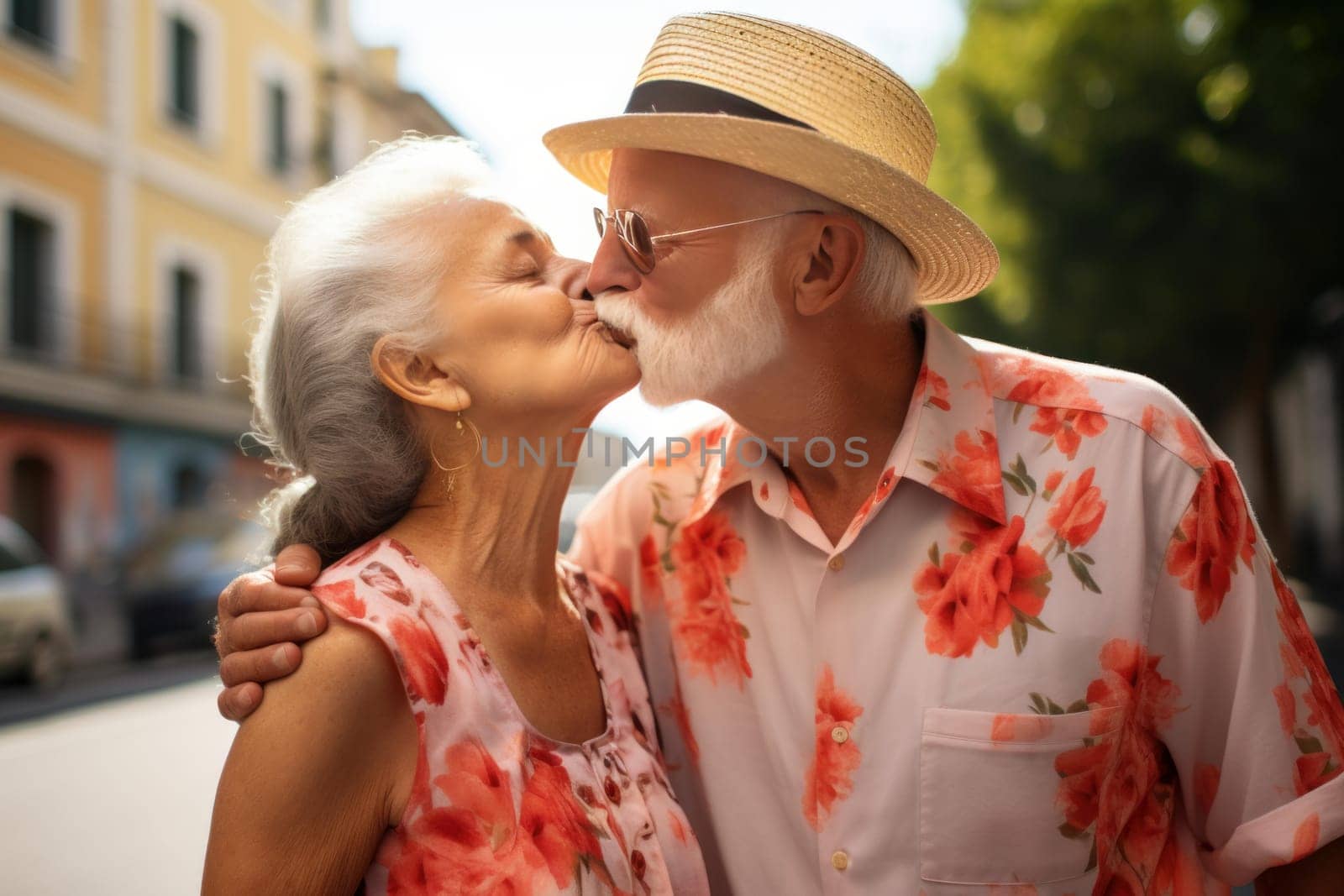 Romantic Old couple city summer kiss. Sunset senior. Generate Ai