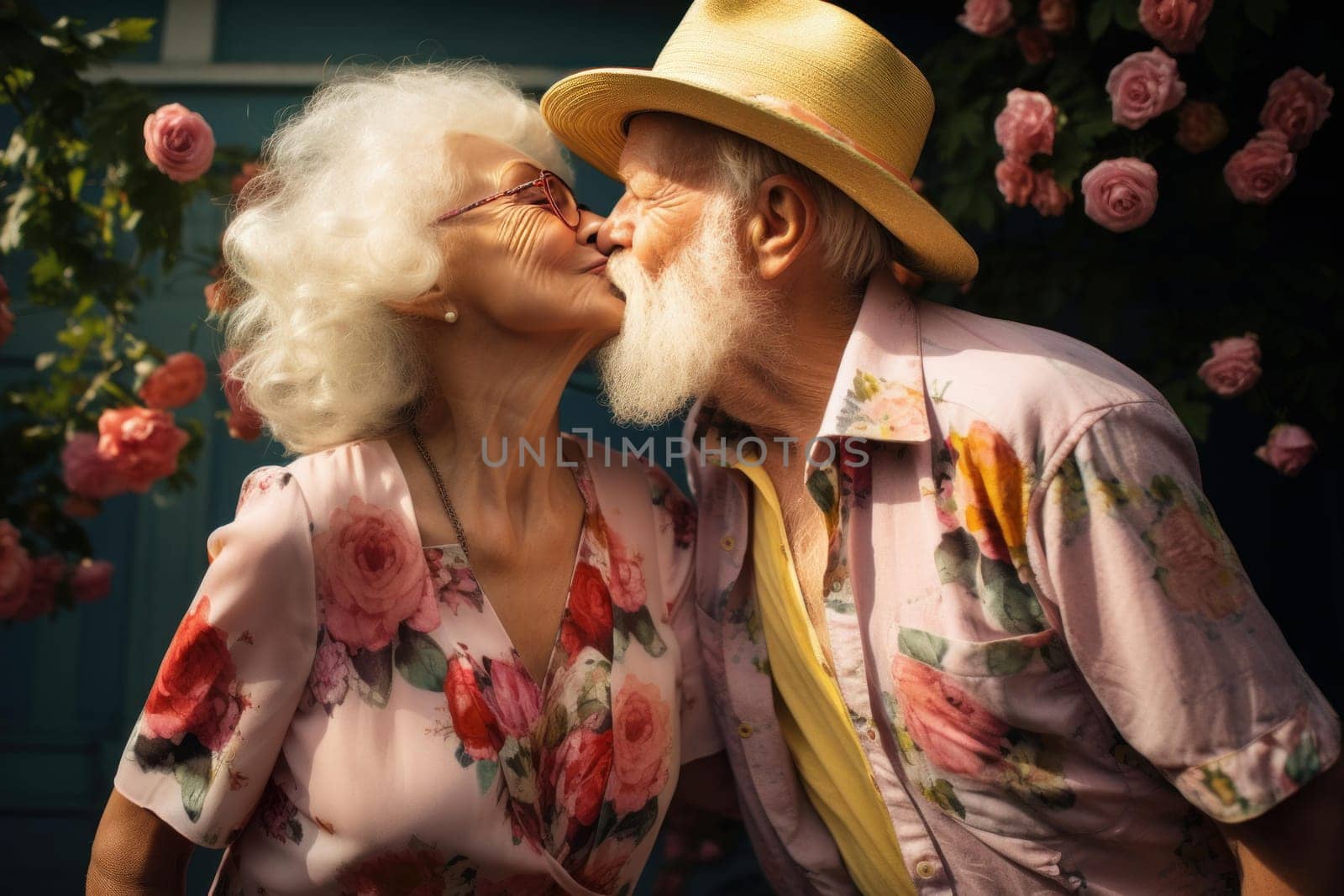 Charming Old couple city summer kiss. Sunset senior. Generate Ai