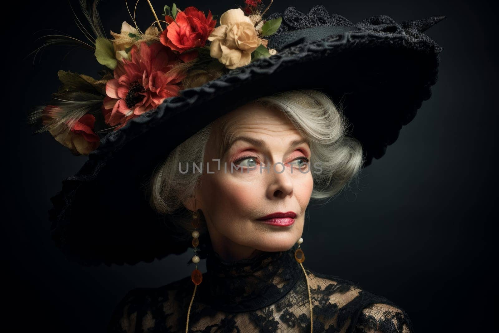 Elegantly demure Old fashioned lady. Smile person. Generate Ai