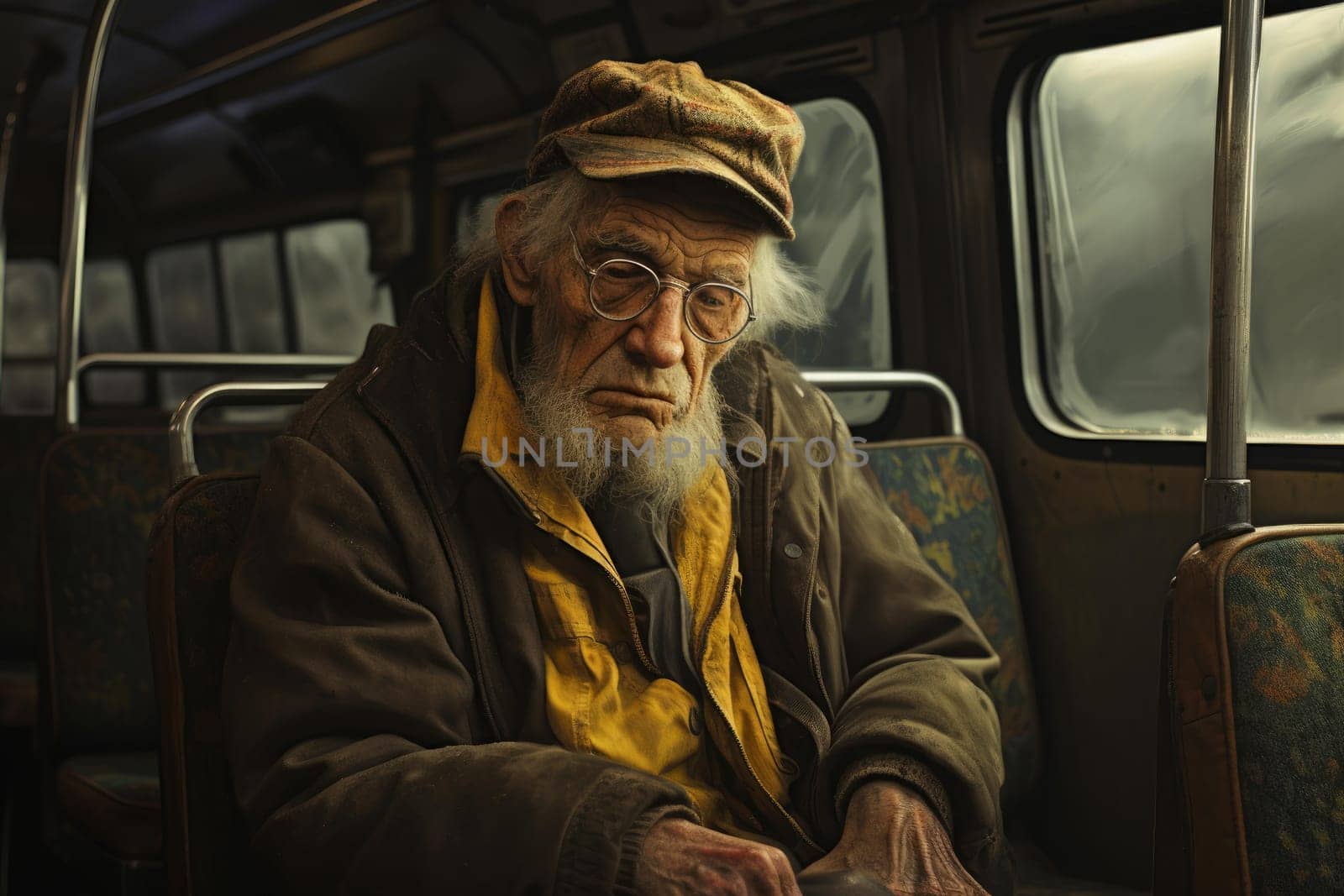 Old man school bus. Vehicle driver. Generate Ai