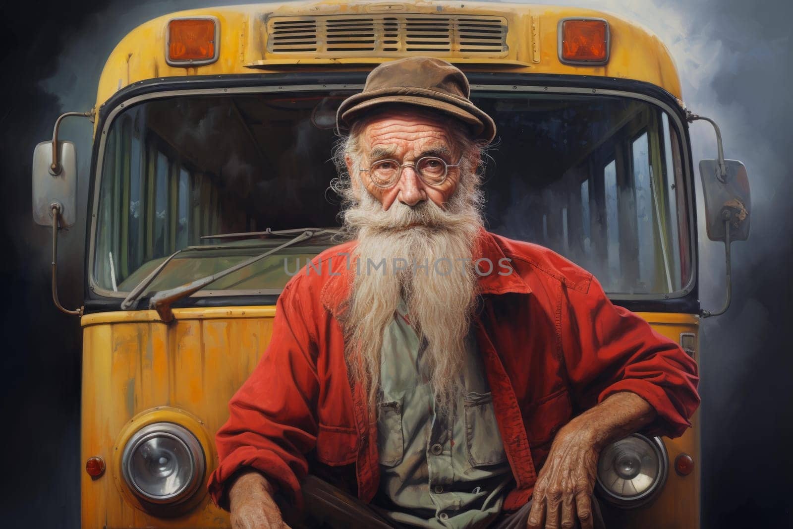 Old man school bus. Vehicle driver. Generate Ai