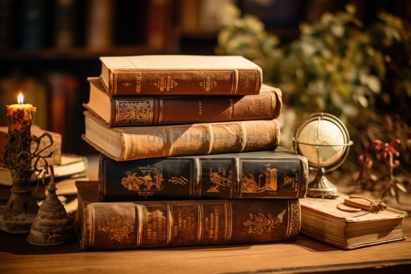 Cherished Old vintage books. Art stack concept. Generate Ai