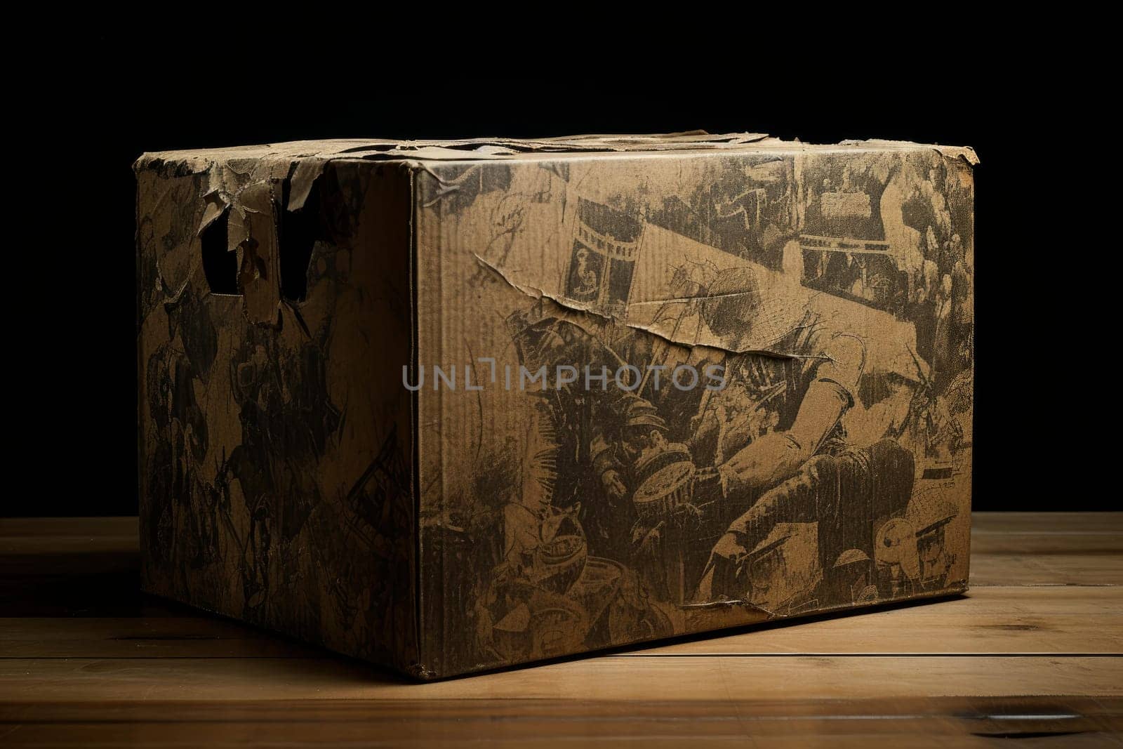 Sustainable Cardboard box with recycling clothing in room. Social charity give goods. Generate ai
