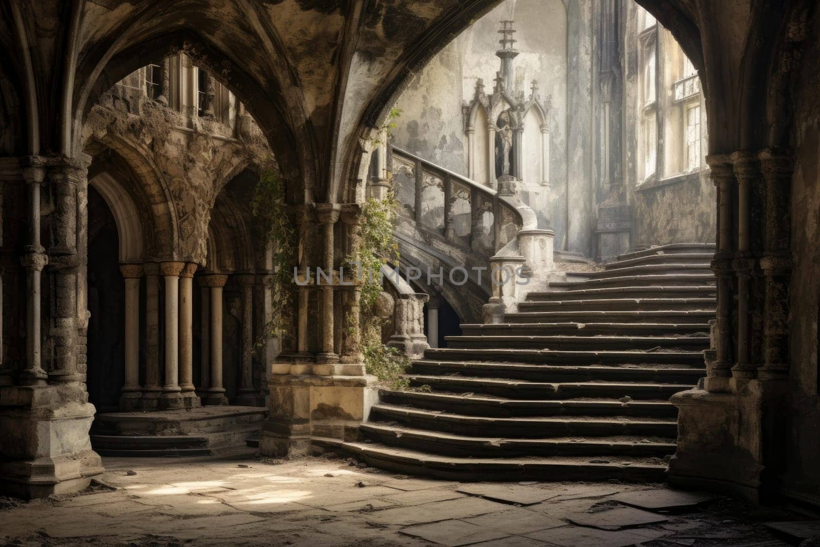 Crumbly Old castle inside. Budapest interior palace. Generate Ai