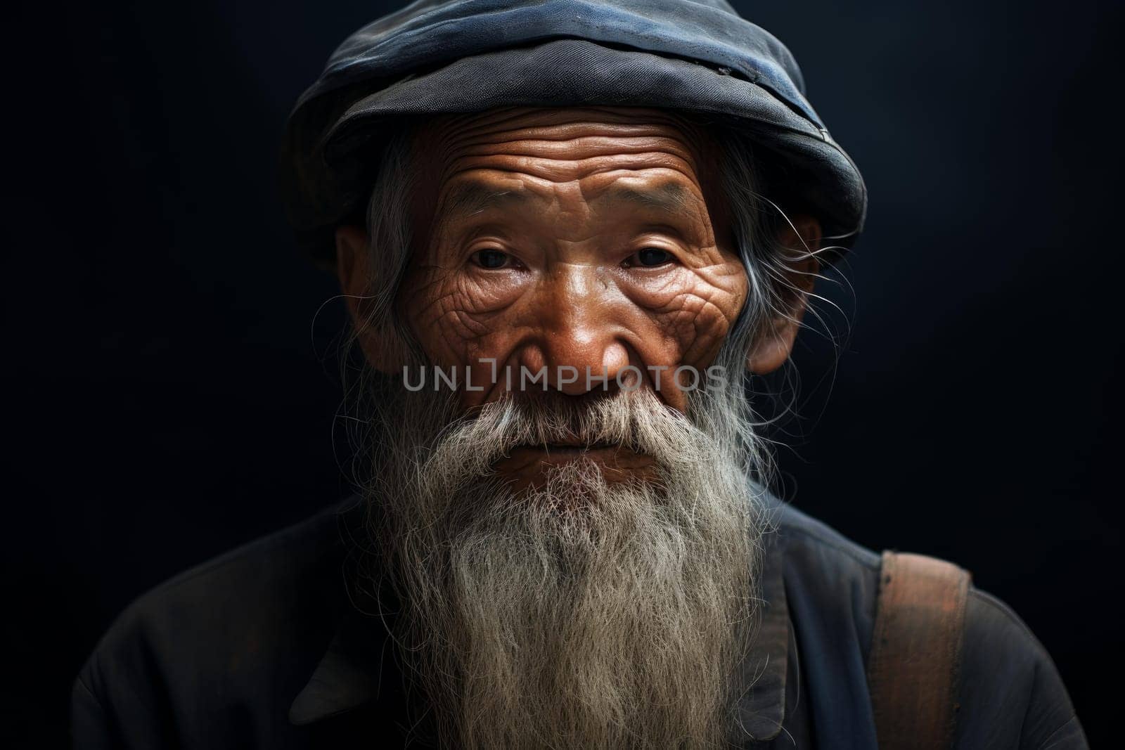 Venerable Old Chinese man. Senior Asian man with long white beard. Generate ai