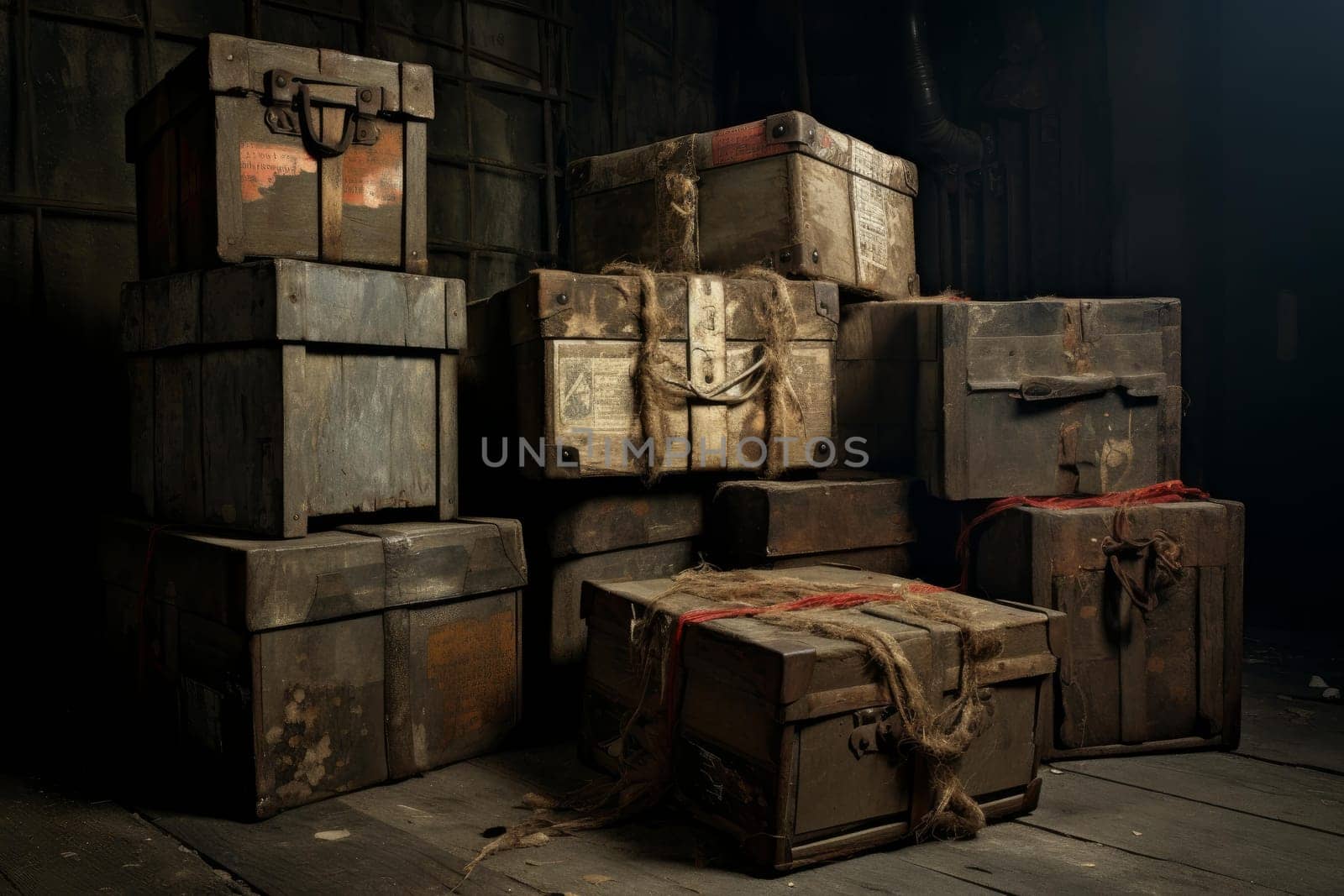 Decrepit Old dirty boxes. Cargo carton storage. Generate Ai
