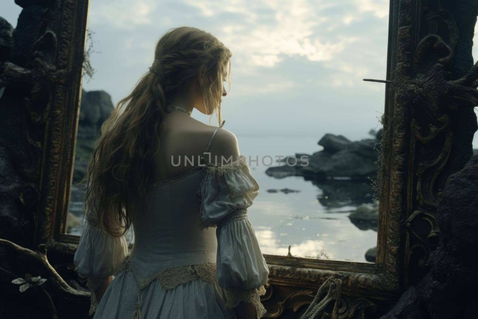 Weathered Old frame cinematic in wilderness dark forest. Film scene in mystical wild nature. Generate ai