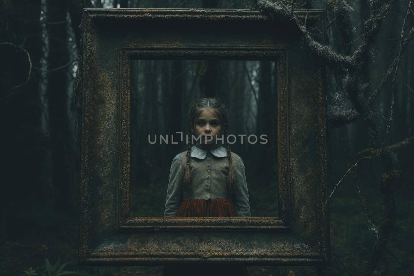 Mysterious Old frame cinematic in wilderness dark forest. Film scene in mystical wild nature. Generate ai
