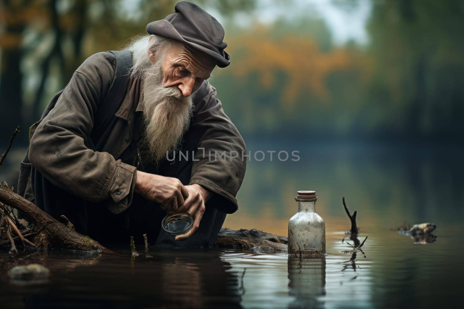 Aged Old man lonely in cap with water glass. Lonely pain taking treating disease. Generate Ai