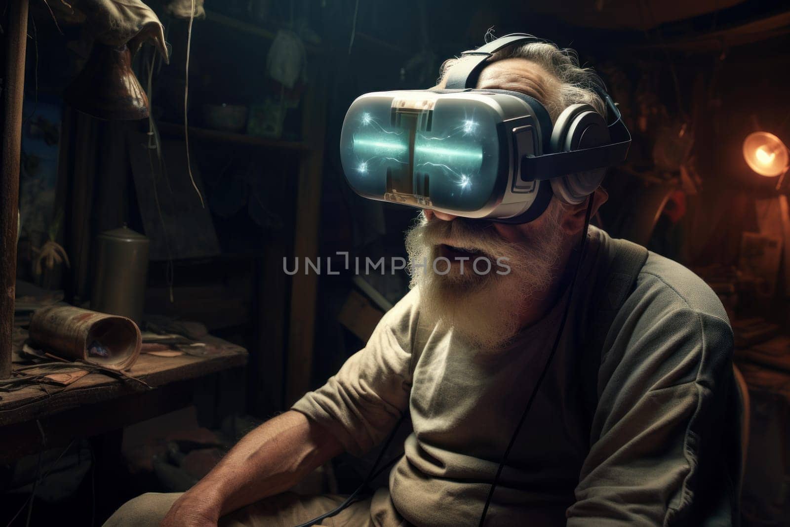 Full of pep Old man happy in vr glasses. Happy game. Fictional person. Generate Ai