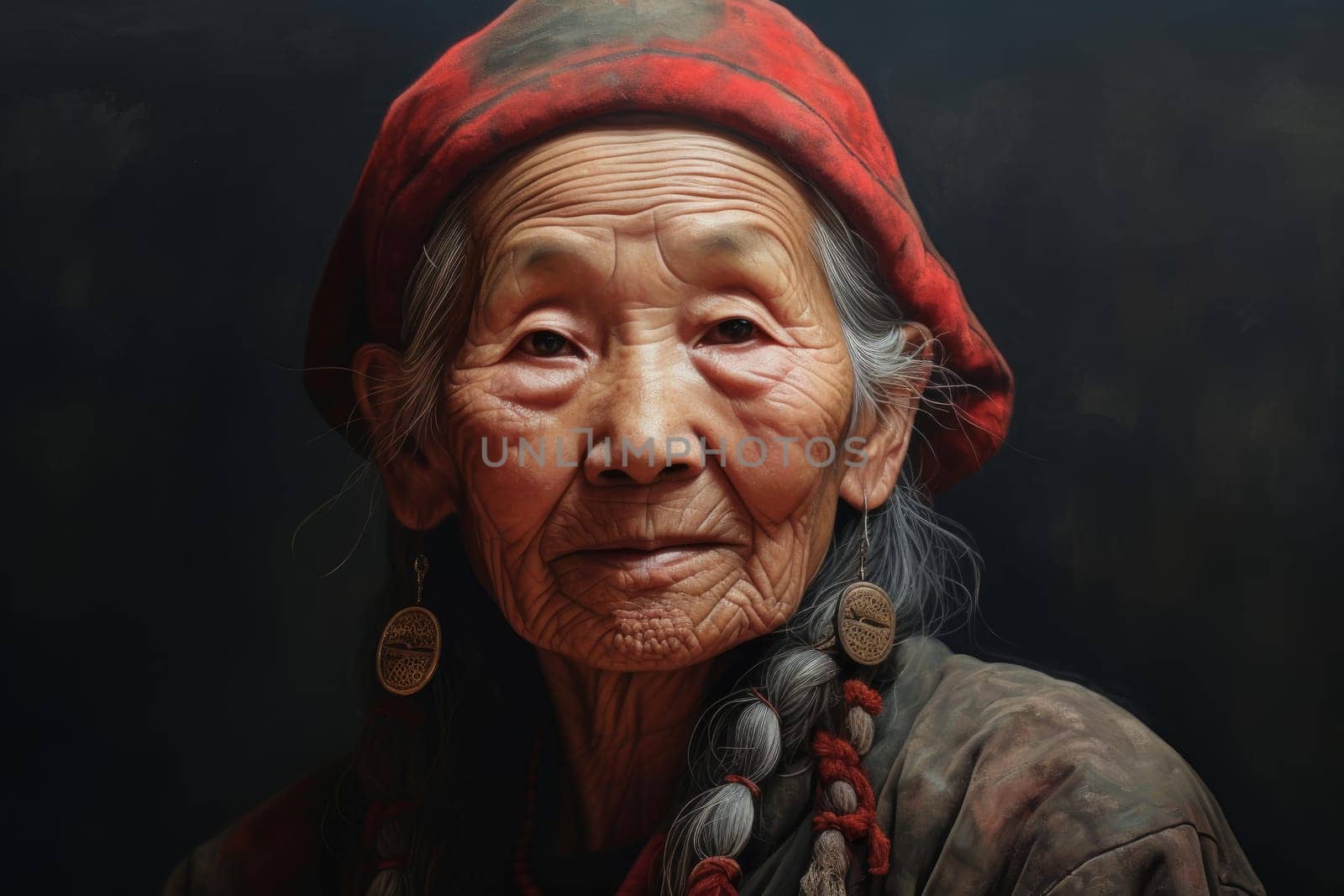 Old chinese woman sunset. Soft asian beauty. Generate Ai