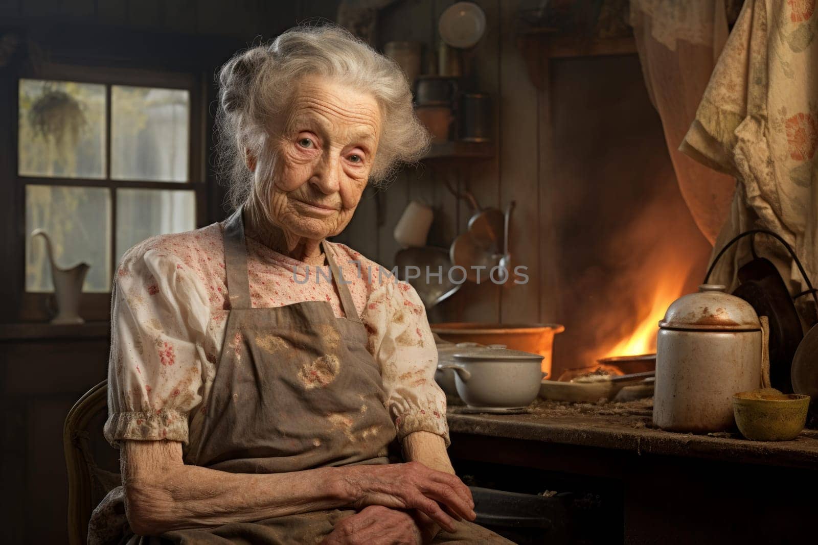 Grandma housewife at kitchen. Home portrait with sad aged woman. Generate Ai