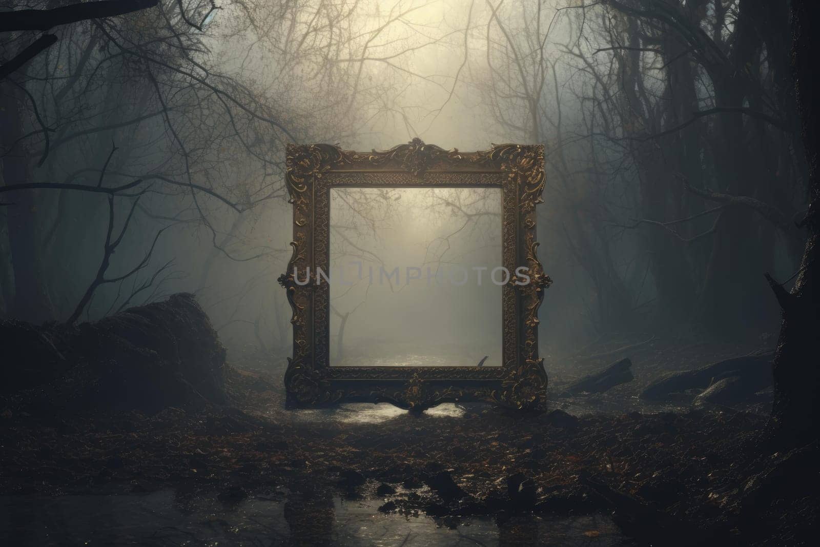 Eerie Old frame cinematic in wilderness dark forest. Film scene in mystical wild nature. Generate ai