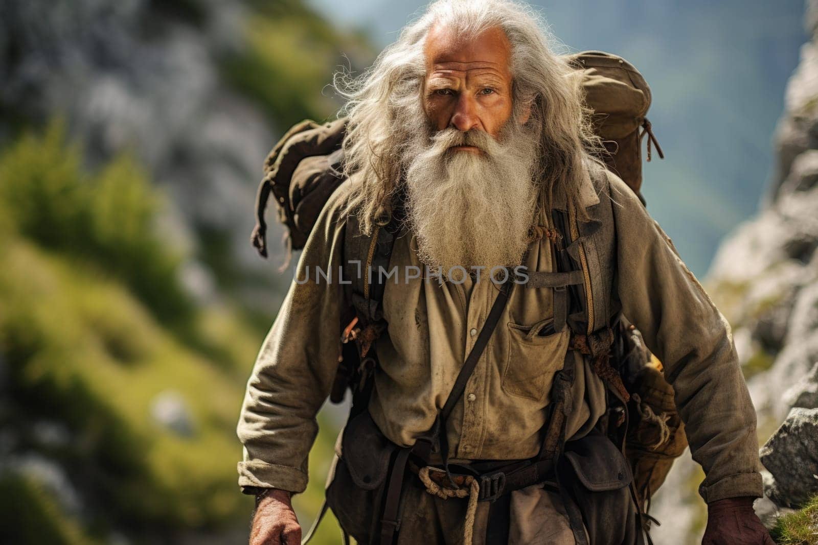 Old man hiking. Happy senior person. Generate Ai