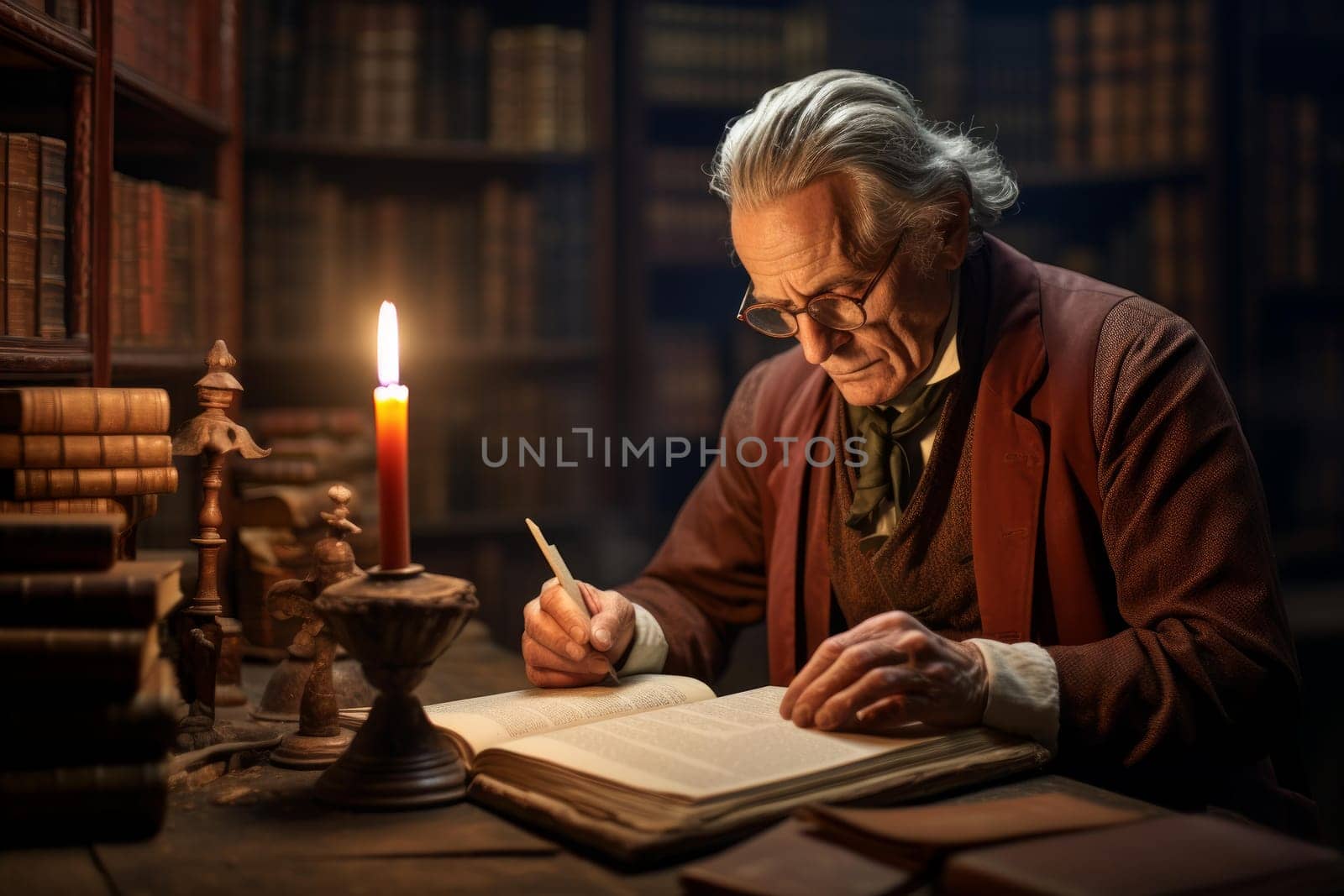 Old intelligent elegant librarian male. Cute old man portrait literary. Generate Ai
