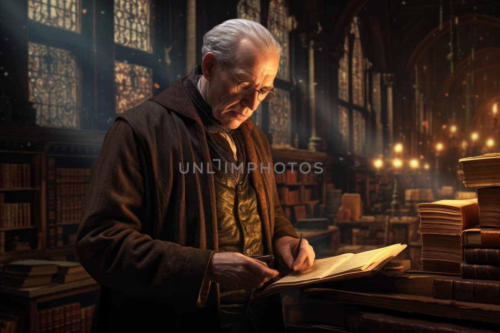 Sophisticated Old intelligent elegant librarian male. Cute old man portrait literary. Generate Ai